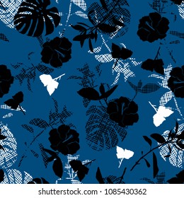 Beautiful vintage Silhouette black flowers and botanical on hand line sketch in shape of leaves seamless pattern vector for fashion fabric and all prints on navy blue background.