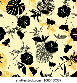 Beautiful vintage Silhouette black flowers and botanical on hand line sketch in shape of leaves seamless pattern vector for fashion fabric and all prints on beige background.