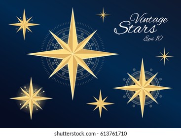 Beautiful vintage stars isolated on dark blue background. High detailed vector illustration in retro style