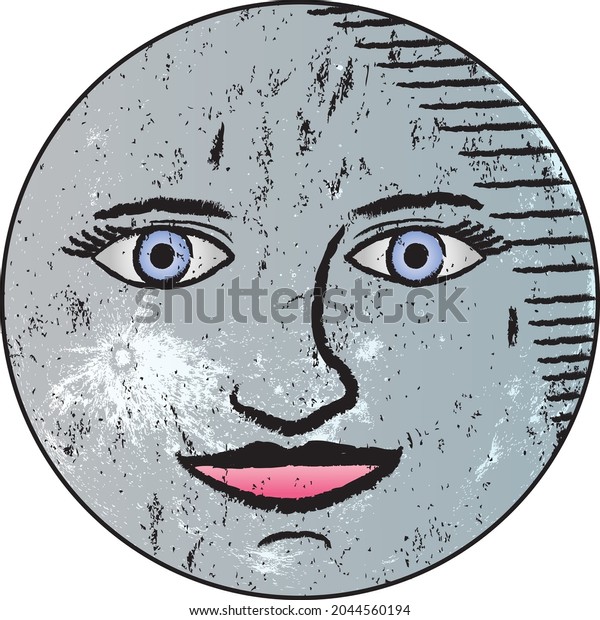 Beautiful vintage style moon with expressive face\
decorated with moon surface texture resembling an old nautical map\
drawing or sketch