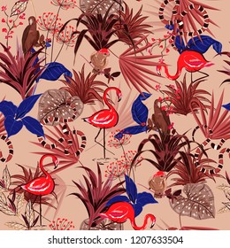 Beautiful vintage Summer Tropical  flowers, palm leaves, jungle plants, birds, pink flamingos,snake, seamless vector floral pattern , exotic botanical wallpaper, for fashion,fabric,and all prints on p