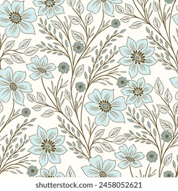 Beautiful vintage swirly hand drawn vines and florals allover pattern. Soft pastel colour background seamless vector design