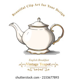 Beautiful Vintage Teapot with text isolated on white background. Vector Illustration.