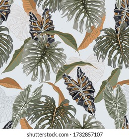 Beautiful vintage tropical exotic leaves ,plants and botanical seamless pattern illustration vector EPS10,Design for fashion,fabric,web,wallpaper,wrapping,cover,and all prints on white background 