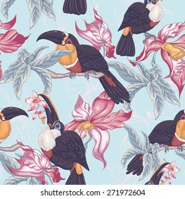 Beautiful Vintage Tropical Seamless Background with Exotic Flowers and Toucan, Vector illustration