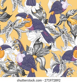 Beautiful Vintage Tropical Seamless Background with Exotic Flowers and Toucan, Vector illustration