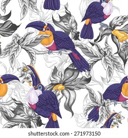 Beautiful Vintage Tropical Seamless Background with Exotic Flowers and Toucan, Vector illustration