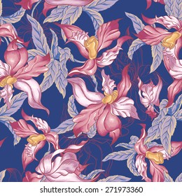 Beautiful Vintage Tropical Seamless Background with Exotic Flowers, Vector illustration