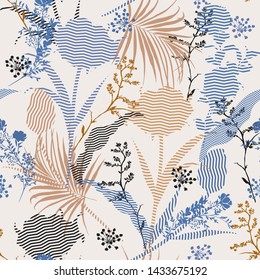 Beautiful  vintage Vector botanic silhouette floral seamless pattern on modern zigzag stripe Fill-in, delicate  wallpaper, wild flowers wallpaper on light beige background color