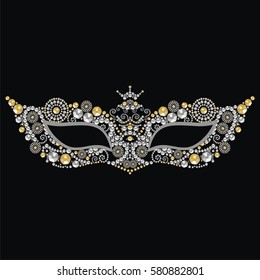 Beautiful Vintage Venetian Carnival Mask With Silver And Gold Precious Stones, Isolated On Black Background Pattern, Embroidery, Trendy Print T-shirts. Mardi Gras Masquerade Ball  -  Vector.