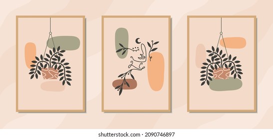 Beautiful vintage wall art poster template of beautiful woman line art with floral and abstract organic shapes. Suitable for modern decoration, cover art, home interior, and furniture. Ready to print.