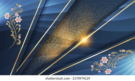 Beautiful vintage wallpaper. Overlapping azure polygons with stroke, curved branches with leaves and flowers on a dark background textured with gold circles. 3D effect. Vector.