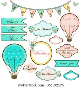 Beautiful vintage wedding set of elements for card, invitation with balloons,signs and inscriptions vector.