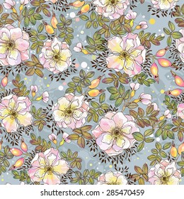 Beautiful vintage wild roses on blue background - vector seamless pattern