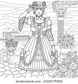 Beautiful vintage woman on the floral quay. Adult coloring book page with intricate ornament.