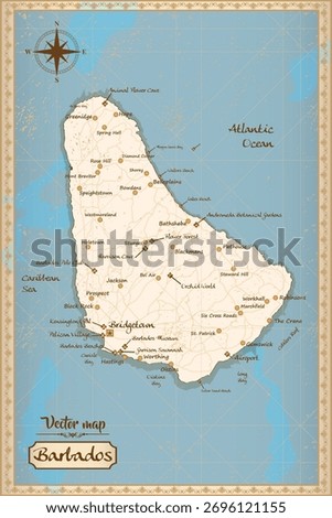 Beautiful vintage-style vector map of Barbados with detailed geography, elegant typography, and a decorative compass rose. Perfect for travel guides, educational projects, wall art, or tourism designs