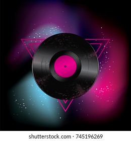 A beautiful vinyl record in the triangle. Music. Vector illustration for a postcard or a poster, print for clothes. Vintage and retro. Spase and stars.