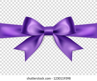 Beautiful violet bow isolated on transparent background, satin bow for gift, surprise, christmas present, birthday. 3D. Vector EPS10