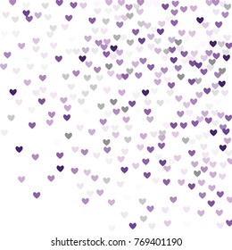 Beautiful Violet Confetti Hearts Falling on White Background. Invitation Template Background Design, Greeting Card, Poster. Valentine Day. Vector illustration