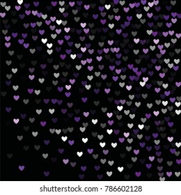 Beautiful Violet Confetti Hearts Falling on Black Background. Invitation Template Background Design, Greeting Card, Poster. Valentine Day. Vector illustration