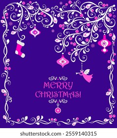 Beautiful violet craft Christmas card with decoration with white mistletoe with pink berries and hanging toys