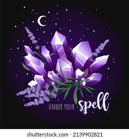 Schöne violette Kristalle zeichnen. Handgezeichnete magische Vektorgrafik von Kristalljuwel mit einem Sprichwort.