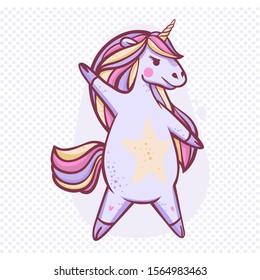 Beautiful violet dancing unicorn superstar. A cute unicorn with yellow and pink mane looks away. Children's poster