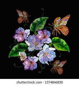 Beautiful violet flowers and butterfly embroidery. Spring fashion art. Template for clothes, textiles, t-shirt design