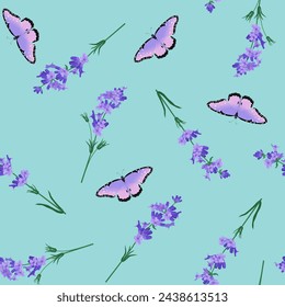 Beautiful violet lavender flowers and butterflies on a blue background. For decoration textile, packaging.