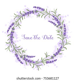 Beautiful violet lavender flowers wreath composition, watercolor splashes and a sign in it "Save the Date"