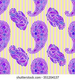 Beautiful violet  paisley on contrast background with stripes seamless background