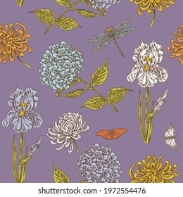 Beautiful violet seamless pattern with garden flowers, butterfly and dragonfly. Hydrangea, iris and chrysanthemum. Color. Engraving style. Vector illustration.