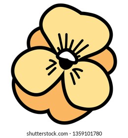 Beautiful violet type flower in yellow color. Simple modern illustration of blooming blossom. Spring decorative vector icon or clip art isolated on transparent background with black thin line strokes.
