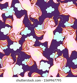 Beautiful violet unicorn with a heart in his hands and open eyes. A cute unicorn with yellow and pink mane looks away. Children's poster. Unicorn girl with clouds on violet background