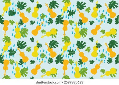 Beautiful violin seamless pattern.Viola,cello hand drawn music concept texture background.Colorful monstera leaves. Summer,spring tropical nature vector illustration.Classical musical instrument.