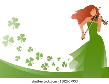 Beautiful violinist playing violin isolated on white background, surrounded by clovers. Blank space for text or design