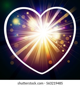 Beautiful vivid heart design with rays, bokeh and sparkles
