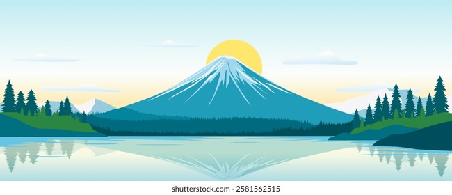 Beautiful volcano rising above the forest and lake. An extinct volcano with a frozen top. Stratovolcano against the backdrop of forest and sun. Hiking and travel concept.