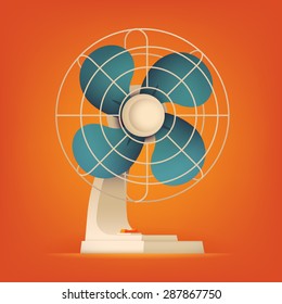 Beautiful volumetric vector ventilator fan illustration on red orange background. Table cooling fan isolated