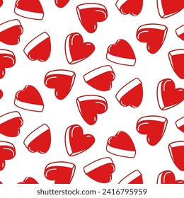 Beautiful voluminous flat red hearts with a contour highlighted on a white background. Cute seamless pattern. Vector graphic illustration, hand-drawn. The texture. Lovers