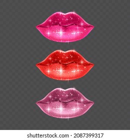 Beautiful voluminous lips on a transparent background, pink lips with a shiny glitter texture, Vector format