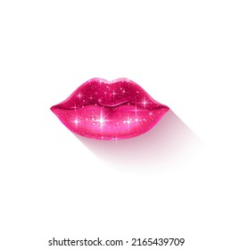 Beautiful voluminous lips on a transparent background pink lips with a shiny glitter texture