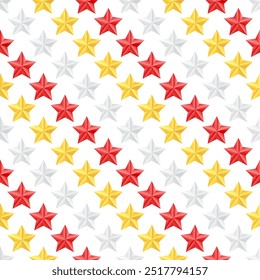 Beautiful voluminous red, gold and silver stars on a white background. Seamless pattern, print, vector illustration