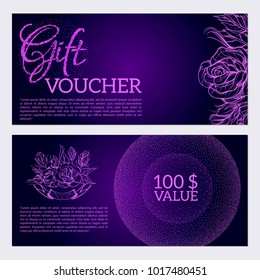 Beautiful voucher template. Banner discount. Purple background with roses and place for text.