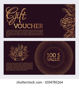 Beautiful voucher template. Banner discount. Chocolate background with roses and place for text.
