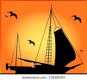 Beautiful voyage at sunset. Vector art-illustration. 