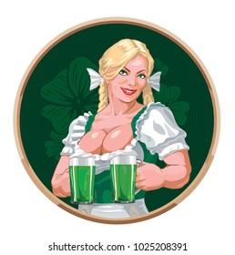 Beautiful waitress with beer. Vector illustration. Girl on green background with clover, with green beer in hand. St. Patrick's Day.