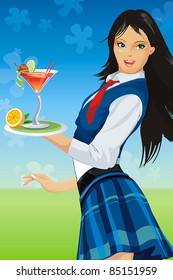 Beautiful Waitress Girl With Tropical Cocktail On The Summer Beach.