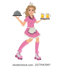 beautiful waitress on roller skates serving beers, vector illustration.