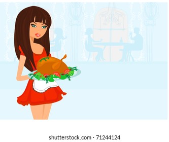 Beautiful Waitress serving a chicken